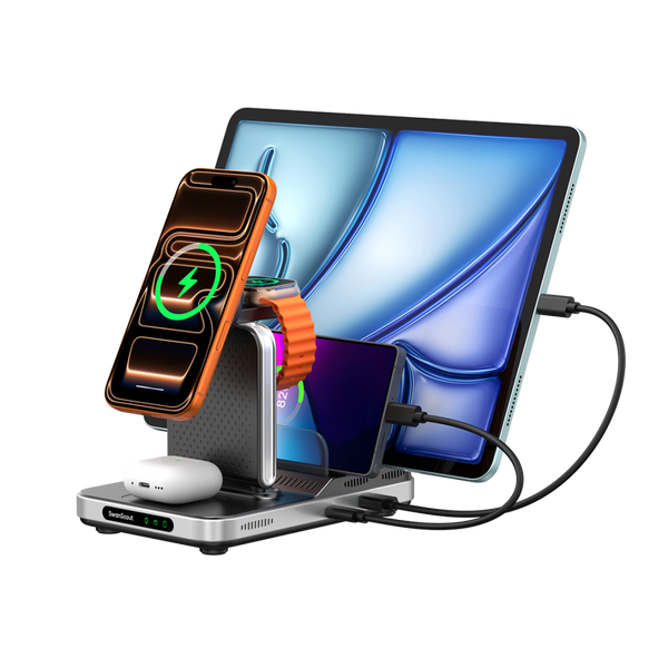 SwanScout 901M 5-in-1 magnetic charging station with 60W output, simultaneously powering iPhone 17, Apple Watch 10, AirPods, and an iPad.