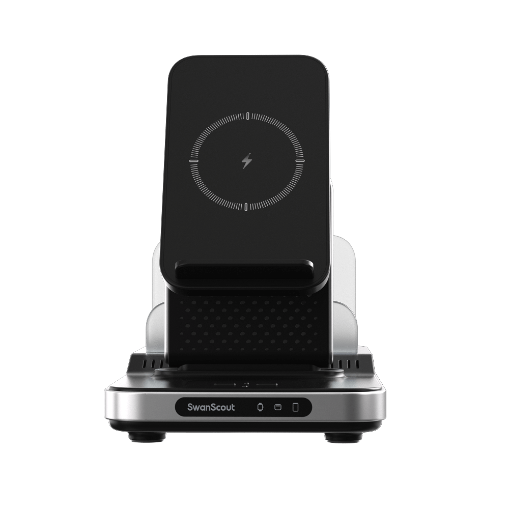 Front view of SwanScout 901S featuring wide slots compatible with thick cases and dedicated wireless charging areas for Samsung Galaxy Watch and buds.