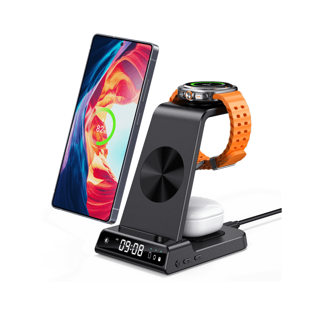 SwanScout C01 3-in-1 charging station powering a Samsung Galaxy S25 Ultra, Galaxy Watch 8, and Buds 2 Pro with an integrated digital clock.