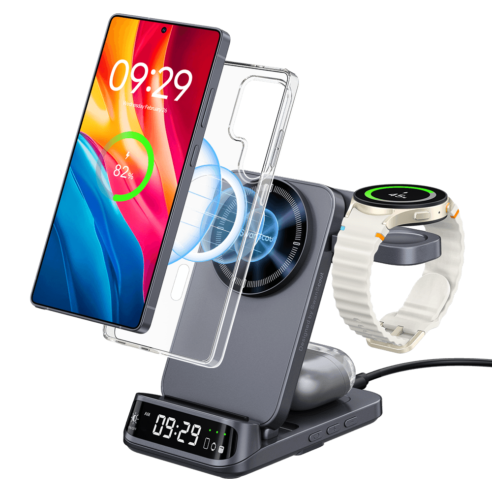 SwanScout 708SM charging a Samsung phone with magnetic case via strong magnetic alignment