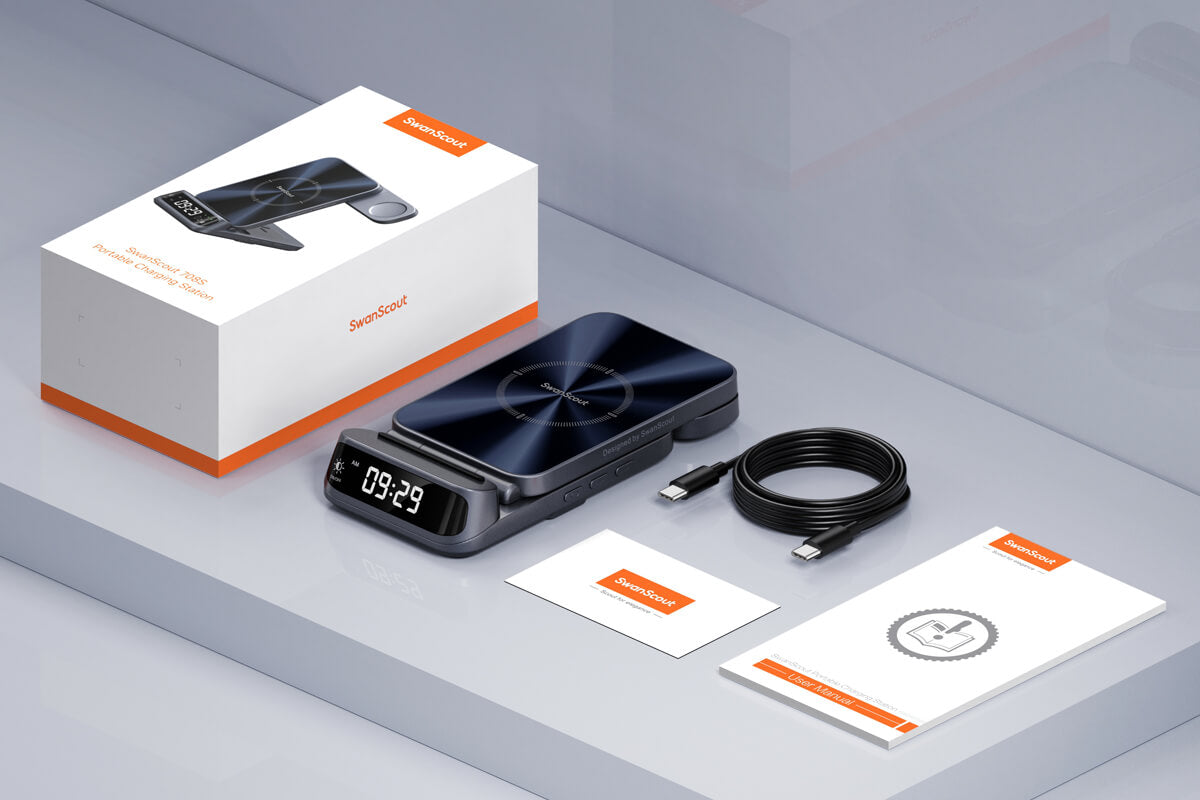 Included items in SwanScout 708S package: charger, USB-C cable, and user manual