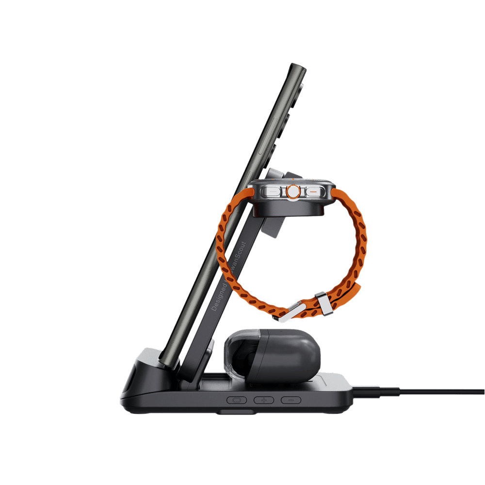 Charge your phone, watch, and earbuds simultaneously with the SwanScout 708S, a true Samsung 3 in 1 charging station.