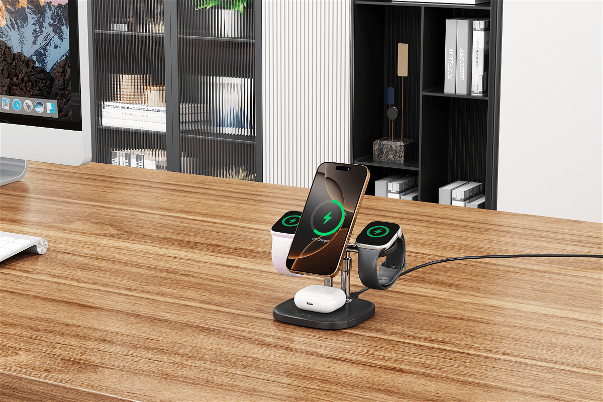 The SwanScout 709M is a 4-in-1 Foldable Wireless Charging Station for Apple devices, featuring magnetic alignment for precise positioning. It offers simultaneous charging for multiple devices, includes status indicators for real-time updates, and boasts an elegant design that fits seamlessly in any space.