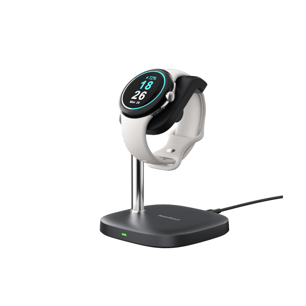 SwanScout 505G2 vertical charging stand for Google Pixel Watch 3, featuring a secure dock and sleek design for office or nightstand use