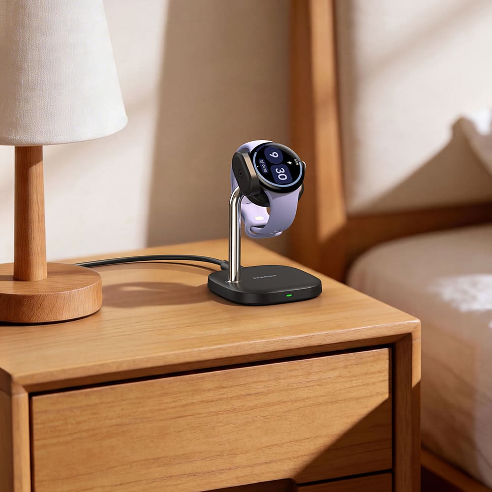Pixel Watch 4 charging stand on bedside nightstand providing easy overnight charging access and clean bedroom setup SwanScout 505G4