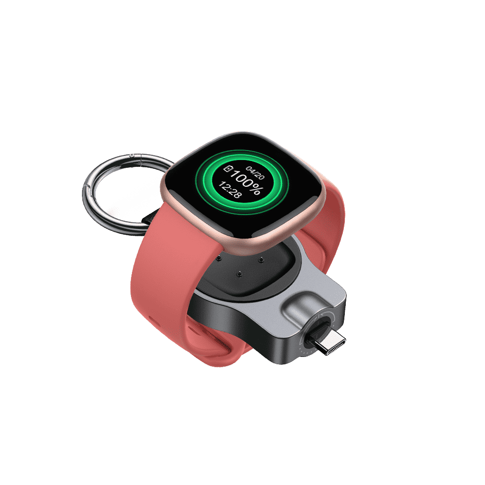 USB-C keychain charger for Google Pixel Watch and Fitbit Sense right front view SwanScout 510G2