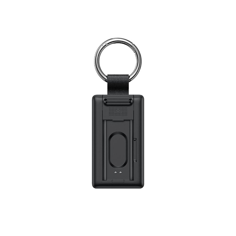 Compact black Hume Band charger front view with keychain ring and open dock SwanScout 513