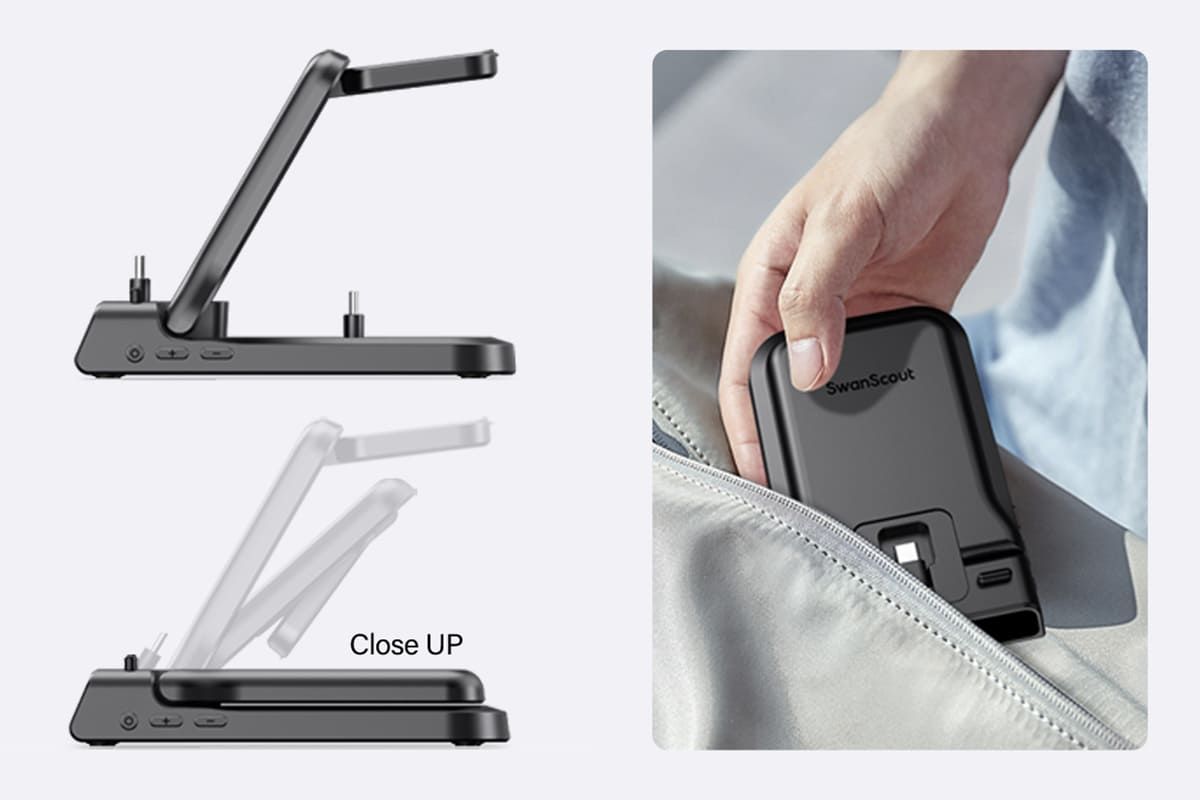 Foldable and portable 3-in-1 charging station designed for easy storage and travel with the SwanScout 701AC