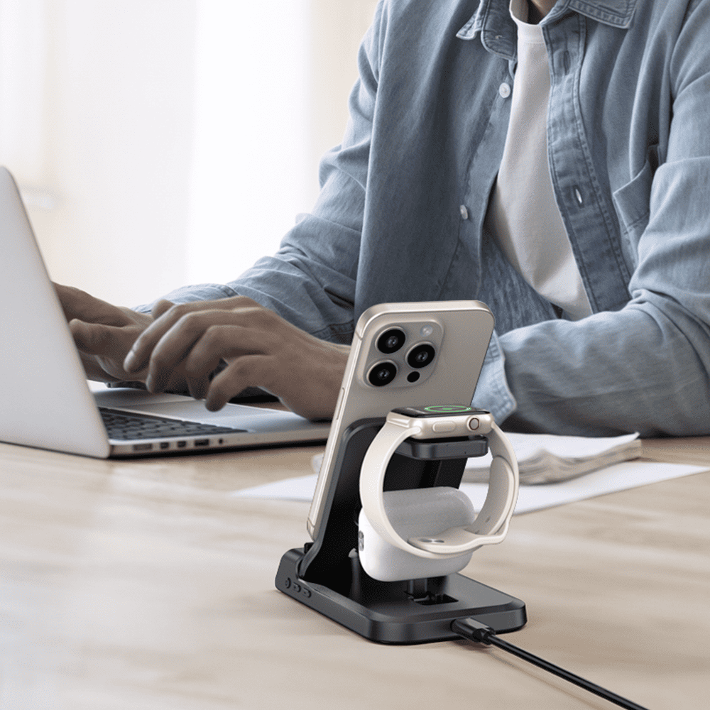 3-in-1 charging station for an organized office desk setup with phone Apple Watch and earbuds SwanScout 701AC