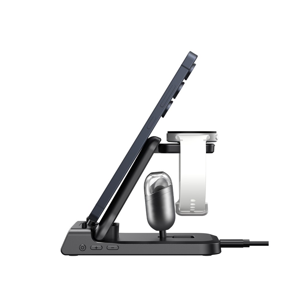 Side view of SwanScout 701S wired charging dock with digital clock, showing Samsung Galaxy devices charging profile