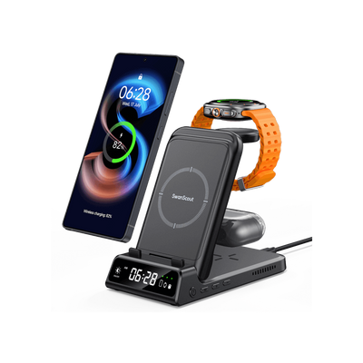 SwanScout 703S gray wireless station charging Samsung Galaxy S25 Ultra, Galaxy Watch, and Buds simultaneously with an integrated digital clock