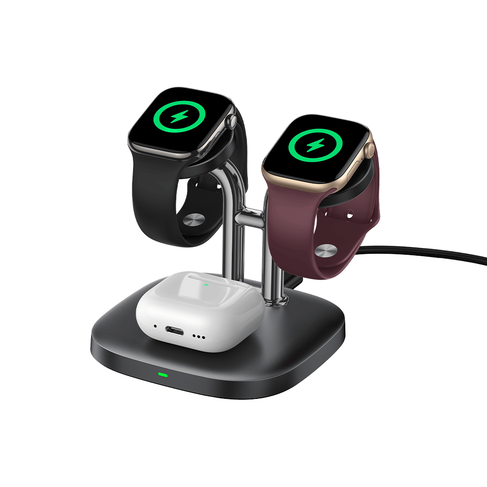 Two Apple Watches and AirPods charging on black SwanScout 704A stand