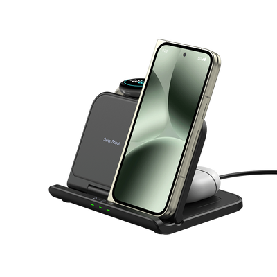 SwanScout 705G 25W wireless charging station powering a Google Pixel 9 Pro Fold, Pixel Watch 1, and Pixel Buds Pro 2 simultaneously