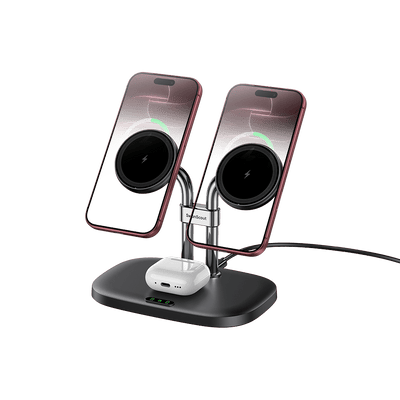 Black dual magnetic iPhone charger stand charging two iPhones and AirPods SwanScout 706M