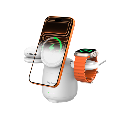 White SwanScout 707M magnetic wireless charging station for Apple, 3-in-1 MagSafe charger for iPhone 17 Pro Max.