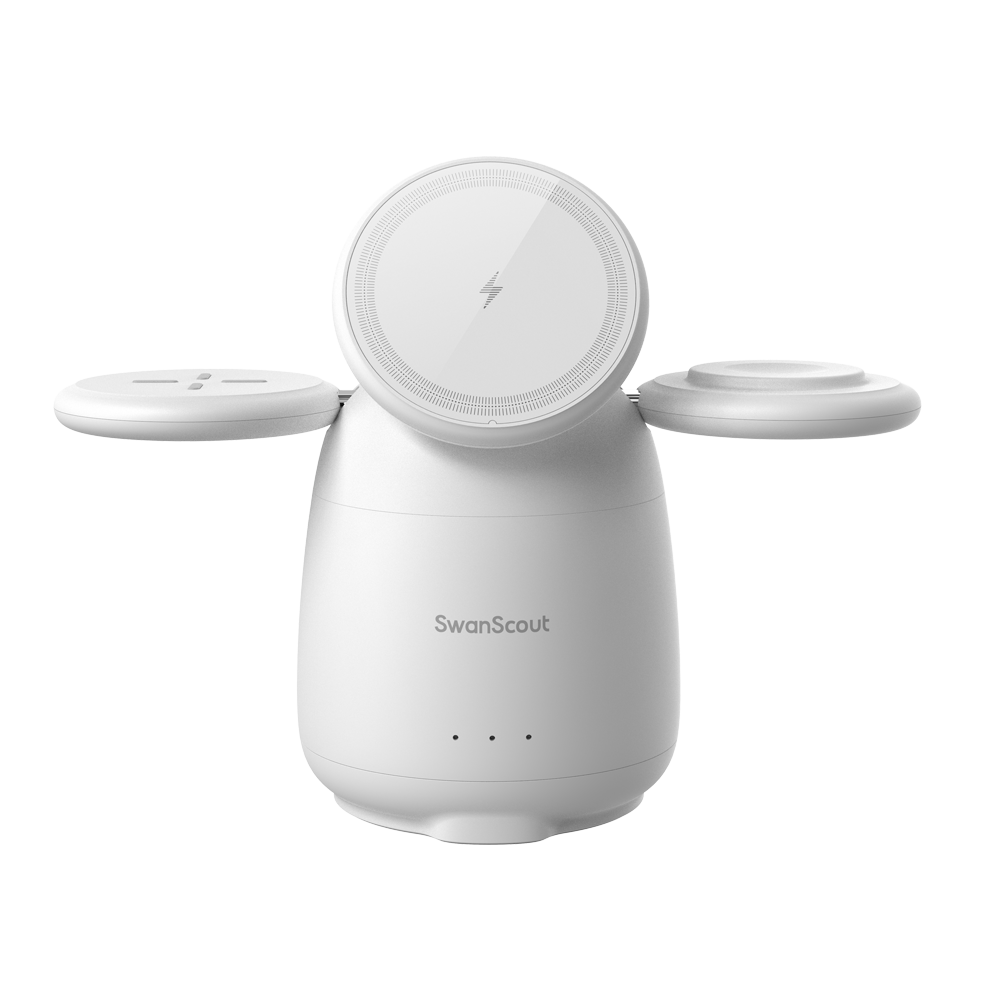 SwanScout 707M magnetic wireless charging station for Apple devices, elegant white glossy finish, compact and modern design