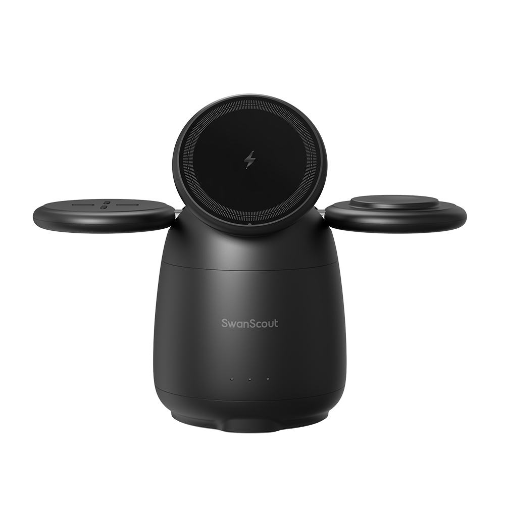 SwanScout 707M magnetic wireless charging station for Apple devices, black 3-in-1 stand with sleek design and magnetic charging pads.