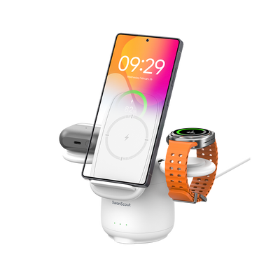 SwanScout 707S wireless charging station for Samsung, white 3-in-1 penguin-shaped charger with multiple device slots.