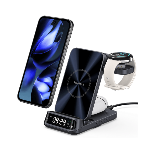 SwanScout 708G2 3-in-1 charging station powering a Google Pixel 9 Pro, Pixel Watch 3, and Pixel Buds Pro 2 with a curved LED clock