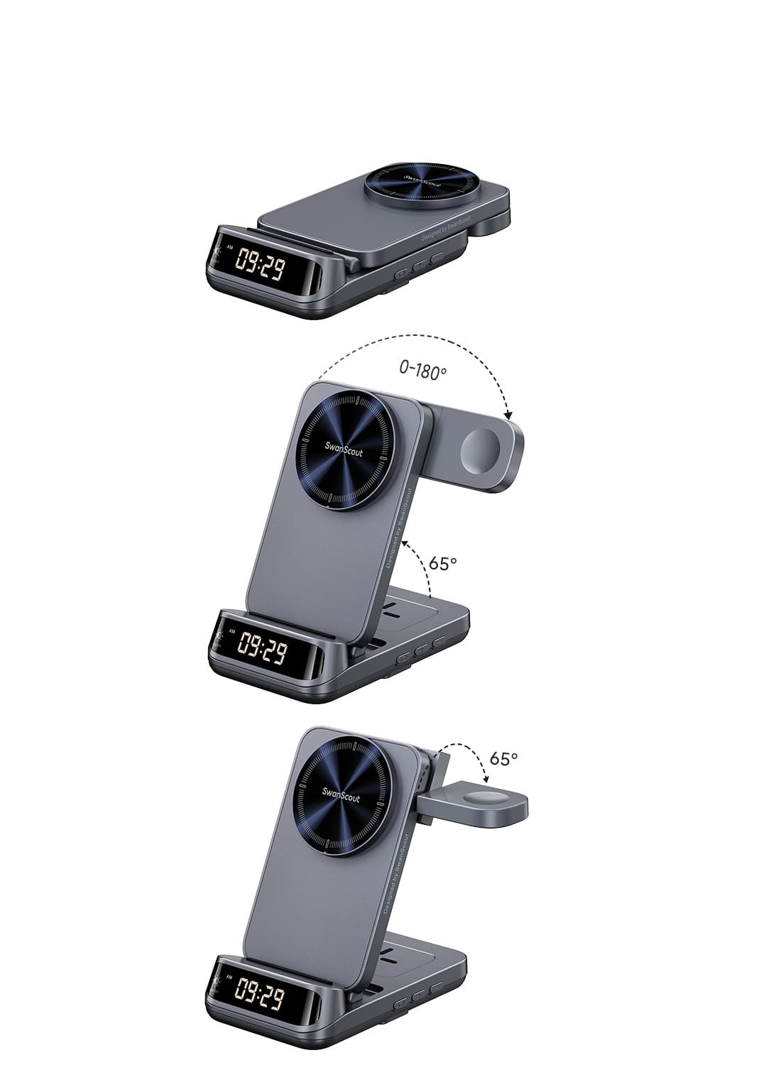 3 in 1 foldable charging station showing different usage modes including folded and open state with adjustable watch angle rotating from 45 degrees to horizontal using SwanScout 708M-25W