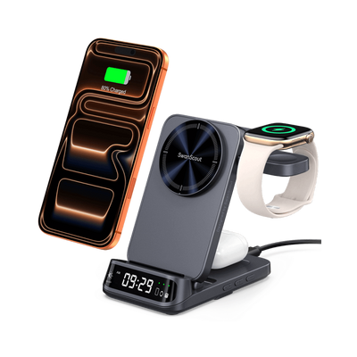 SwanScout 708M 3-in-1 magnetic wireless station charging iPhone 16 Pro Max, Apple Watch 10, and AirPods with a curved 3D LED clock display
