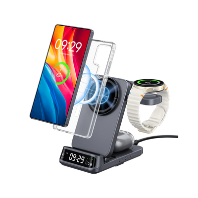 SwanScout 708SM 3-in-1 magnetic wireless charger for Samsung with built-in clock, showing charging Samsung device and accessories.