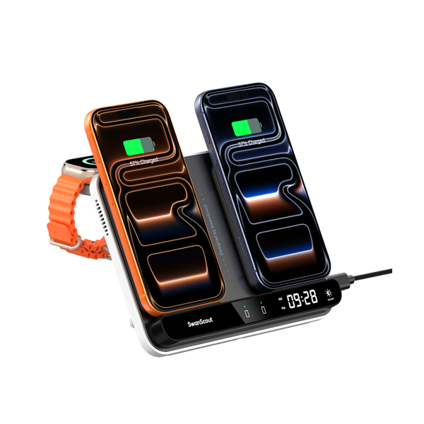 SwanScout 710A charging station simultaneously powering two iPhones and an Apple Watch Ultra 2 with a built-in digital clock