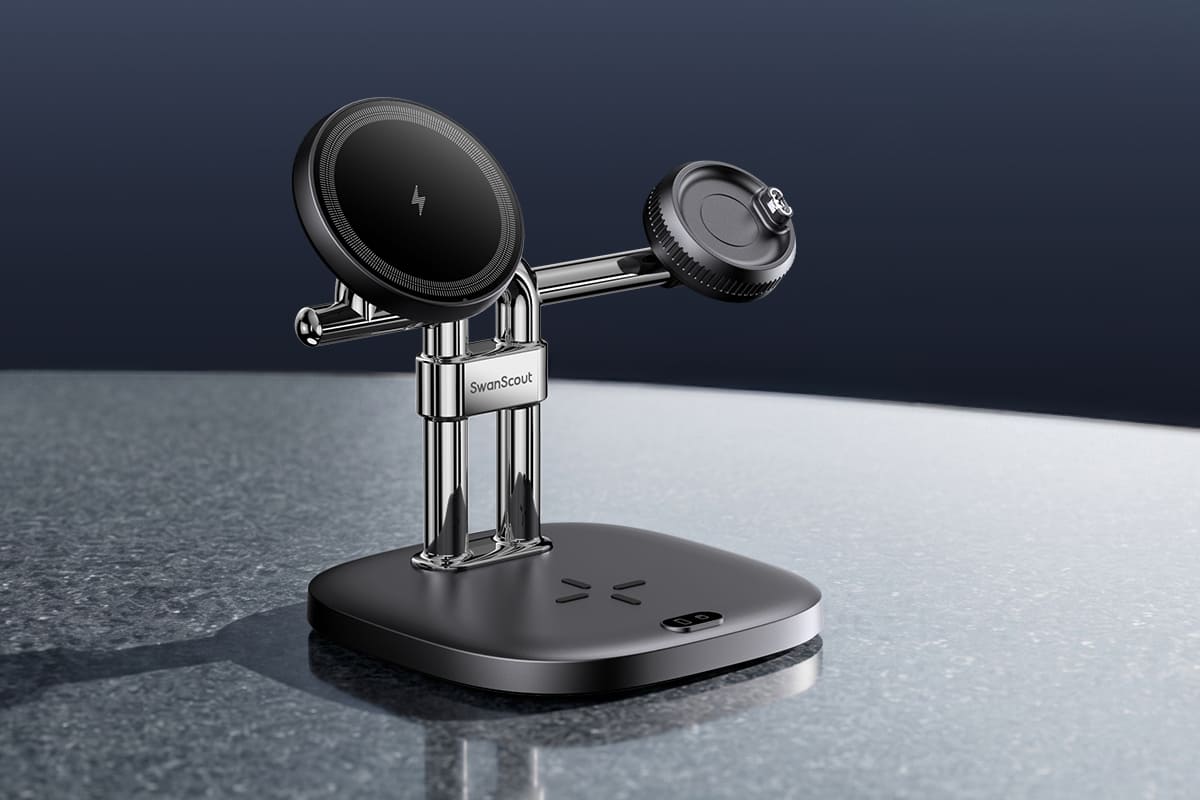 SwanScout 712GM 3-in-1 magnetic charging stand on reflective surface