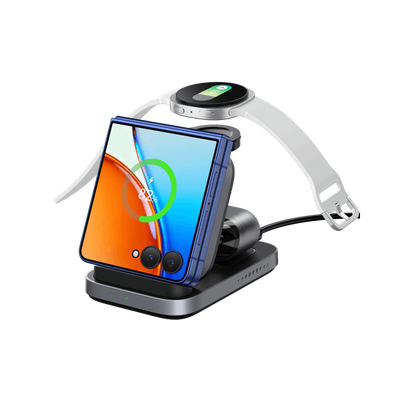 SwanScout 713F charging station powering a Samsung Galaxy Z Flip 7, Galaxy Watch 8 Classic, and Buds3 Pro simultaneously