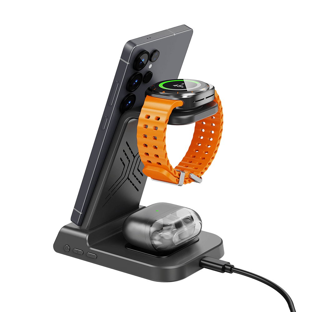 Rear-right view of SwanScout C01 charging a Samsung S24 Ultra and Galaxy Watch Ultra, showing the organized cable management and sleek design