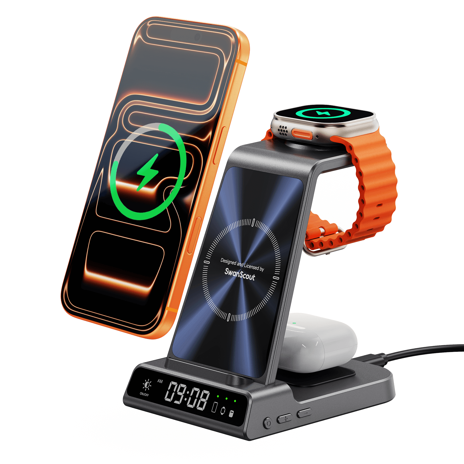 SwanScout C02 3-in-1 wireless charging stand for Apple, with space for iPhone 15, Apple Watch Ultra, and AirPods on a sleek dock.