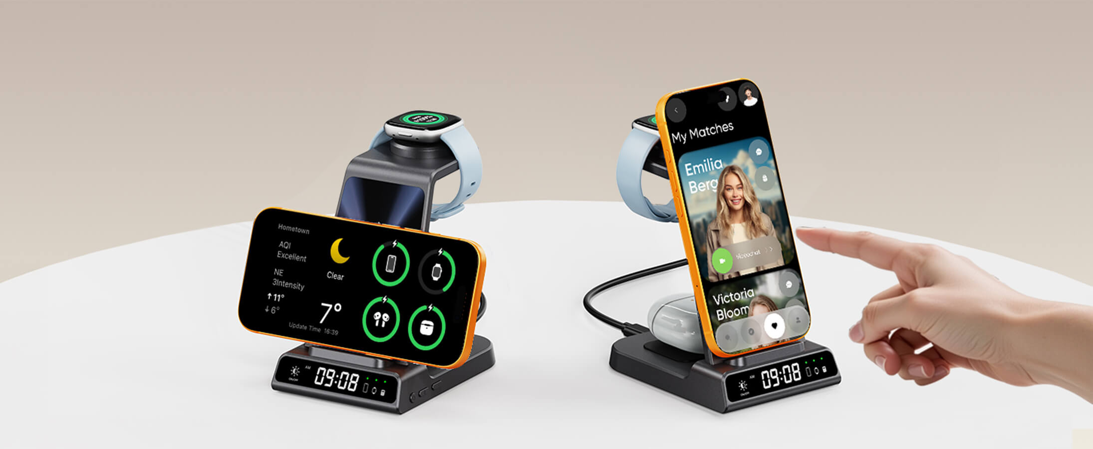 SwanScout C01FB 3-in-1 charger dual-coil design supporting horizontal and vertical phone charging