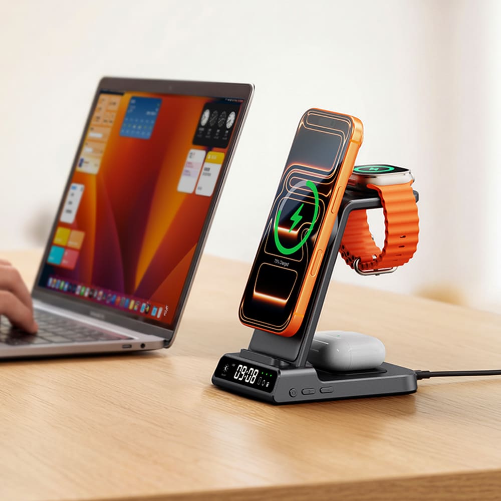 Wireless charging station desktop setup charging iPhone Apple Watch AirPods MagSafe charger office desk SwanScout C02M