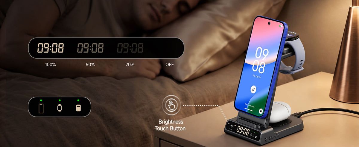 SwanScout C02MG4 charging a Pixel phone and watch and earbuds on a nightstand with adjustable clock brightness