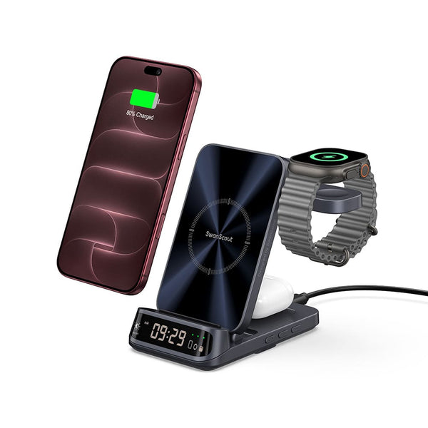 Charging two iPhone 18 Pro phones earbuds and watch on iPhone wireless charger with SwanScout S10025A
