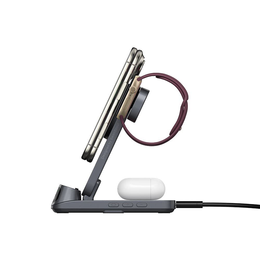 iPhone and Apple Watch charger powering iPhone Duo earbuds and watch with SwanScout S10025M